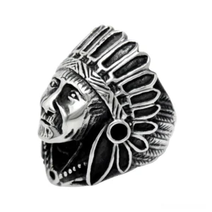 Gothic Indian chief portrait stainless steel ring left profile view with carved feather headdress and dark silver finish