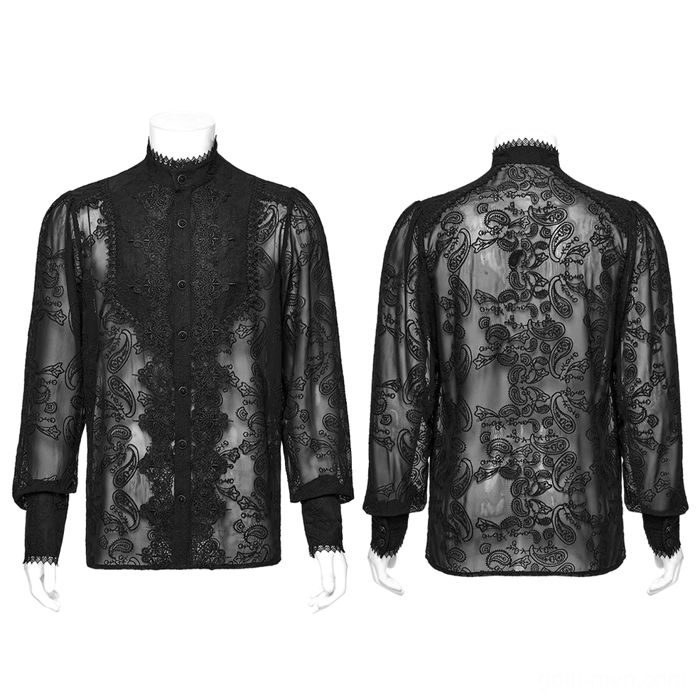 Front and back dual view of black Victorian gothic chiffon shirt on dress forms, showcasing full design and fit