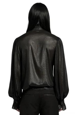 Men's gothic chiffon ruffled dress shirt back view showing high stand collar and voluminous lantern bubble sleeves