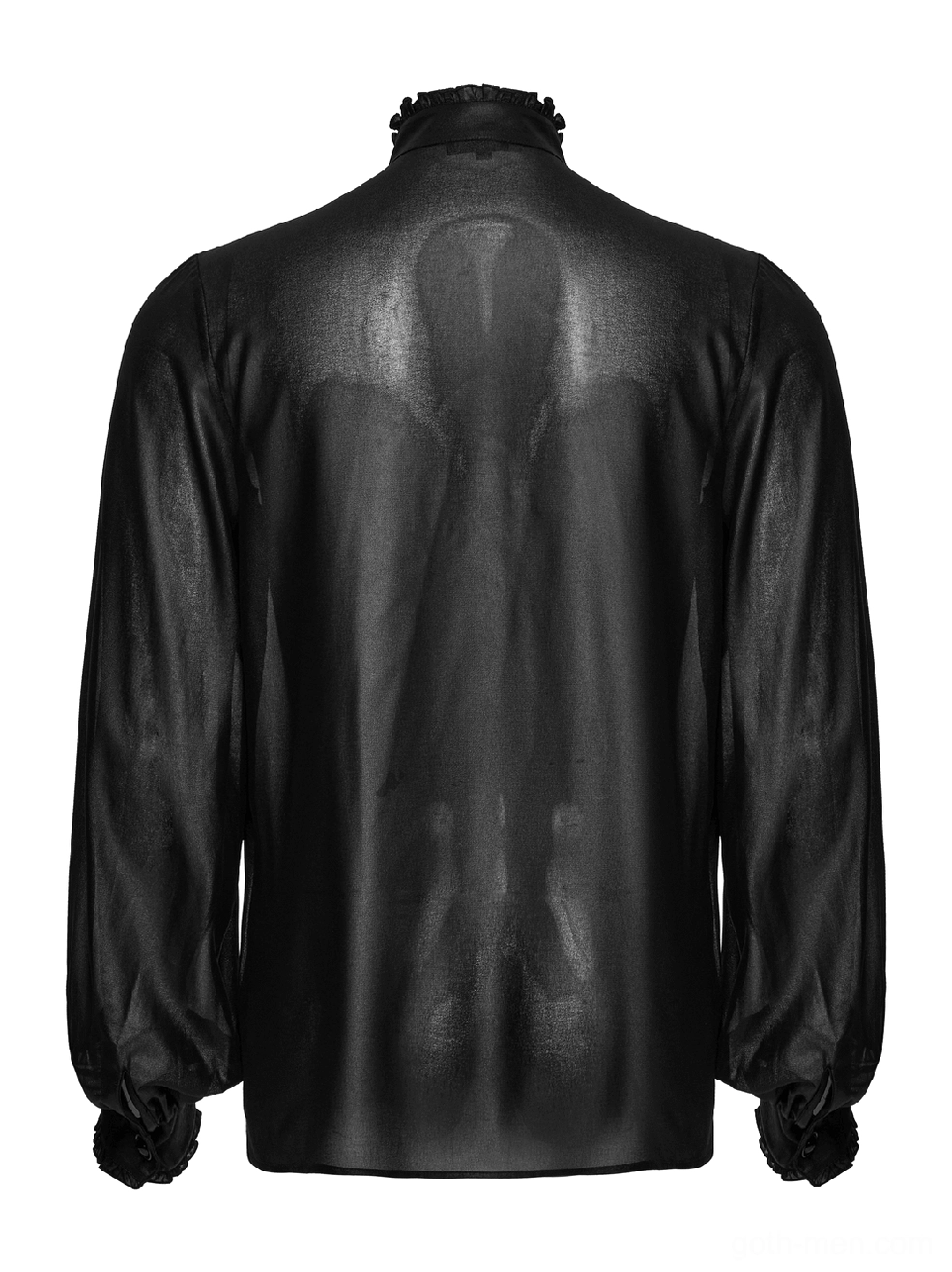 Black sheer gothic chiffon shirt rear flat lay view with ruffled collar, no front embroidery