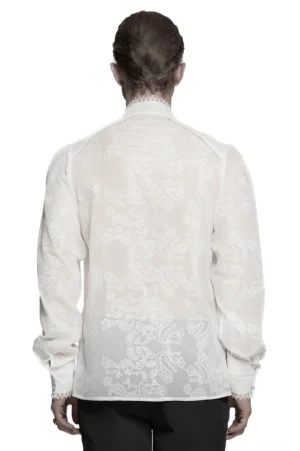 White gothic embroidered chiffon shirt back view showing intricate paisley embroidery pattern - flowing bishop sleeves