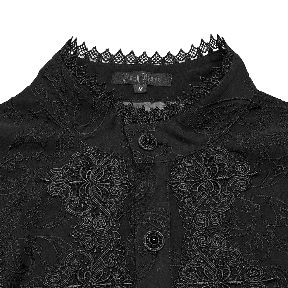 Detailed top-down view of black gothic shirt collar with scalloped lace trim and round button front closure