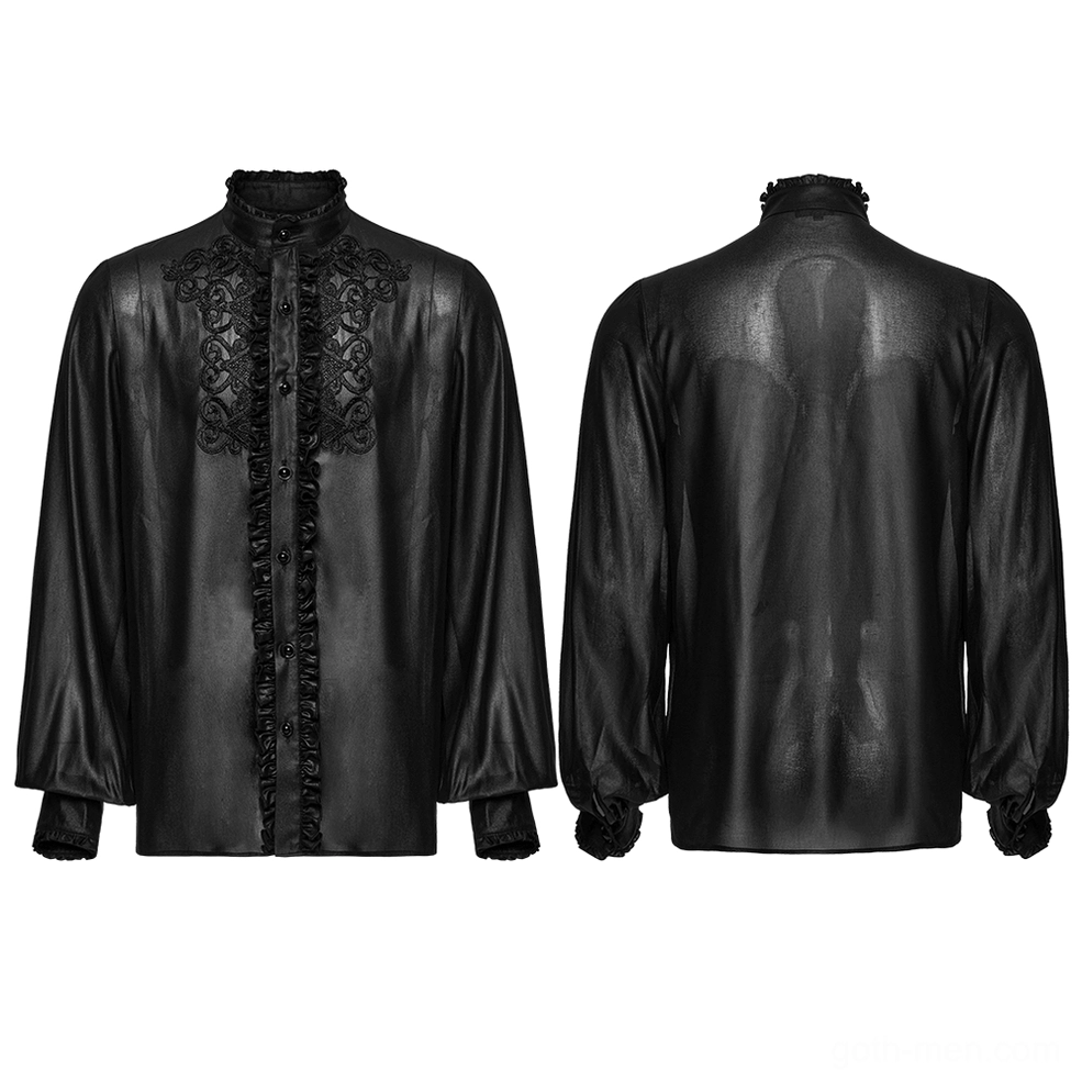 Gothic chiffon shirt flat lay front and rear detail showing ruffled cuffs and lace embroidery