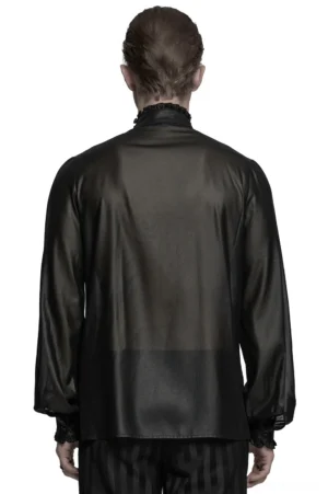 Black gothic chiffon men's shirt with lantern sleeves and ruffled collar back view on model