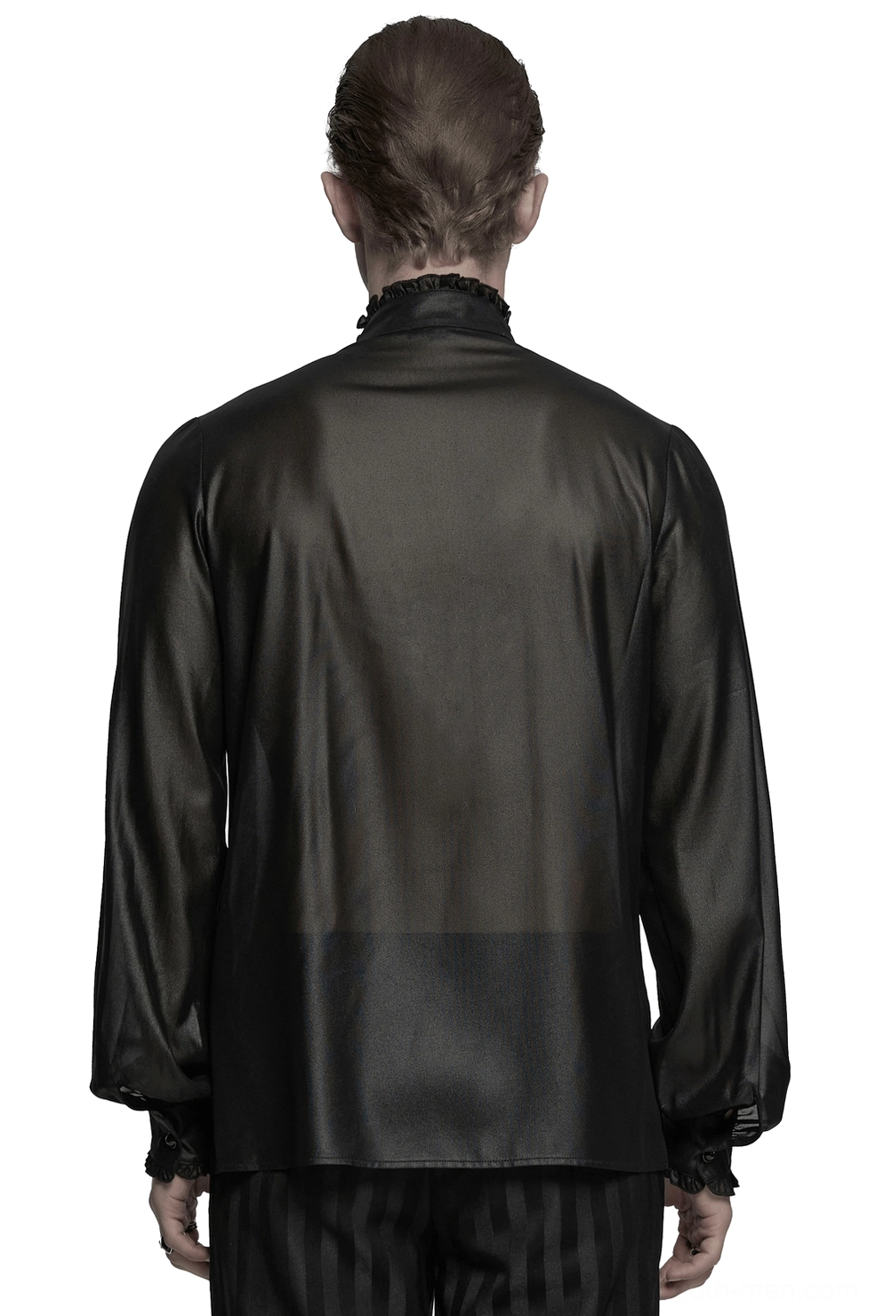Black gothic chiffon men's shirt with lantern sleeves and ruffled collar back view on model
