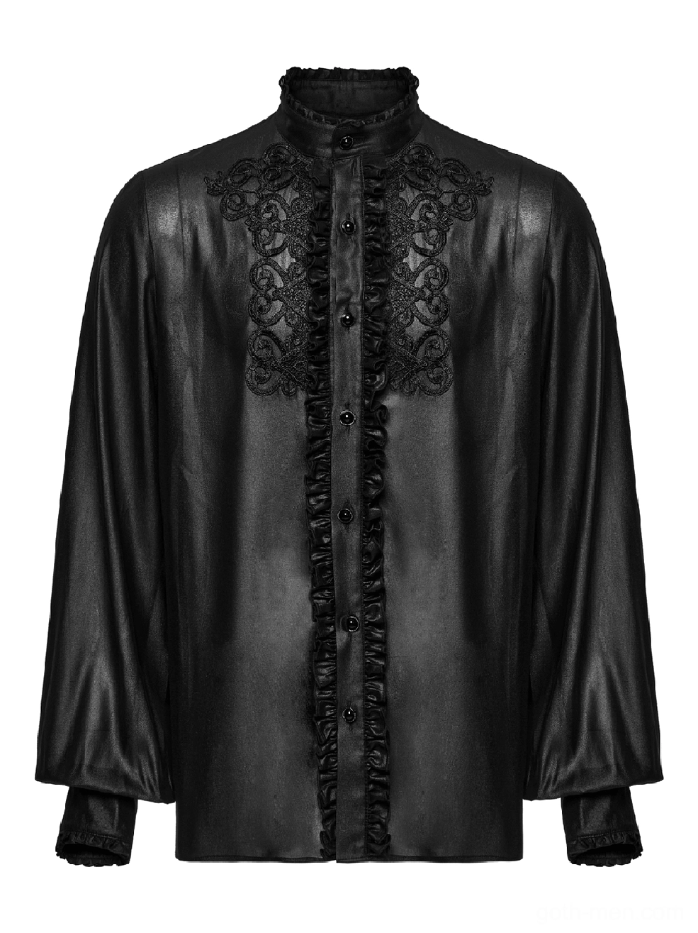 Black sheer gothic chiffon men's shirt front view flat lay with stand ruffled collar and buttoned placket