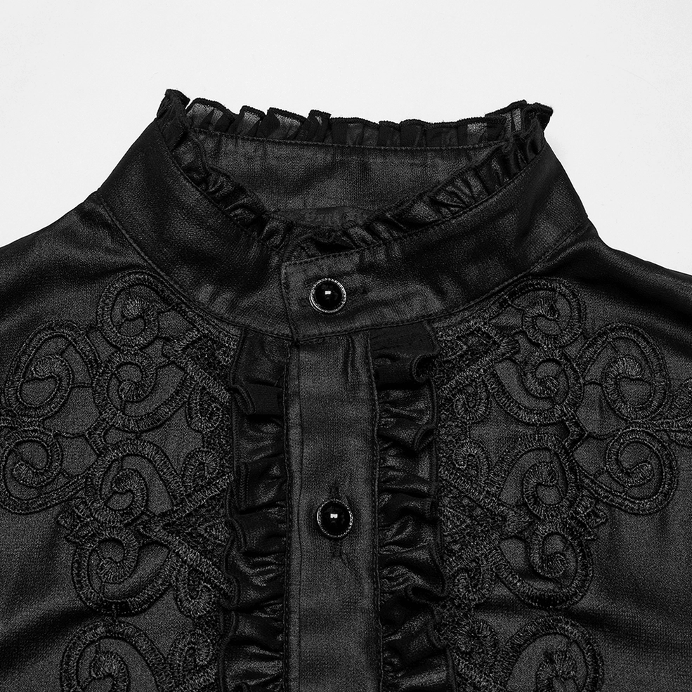 Close-up detail of black ruffled stand collar with decorative button on gothic chiffon men's shirt