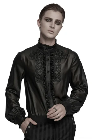 Men's black gothic chiffon shirt with ruffled stand collar and front lace embroidery placket, front view on model