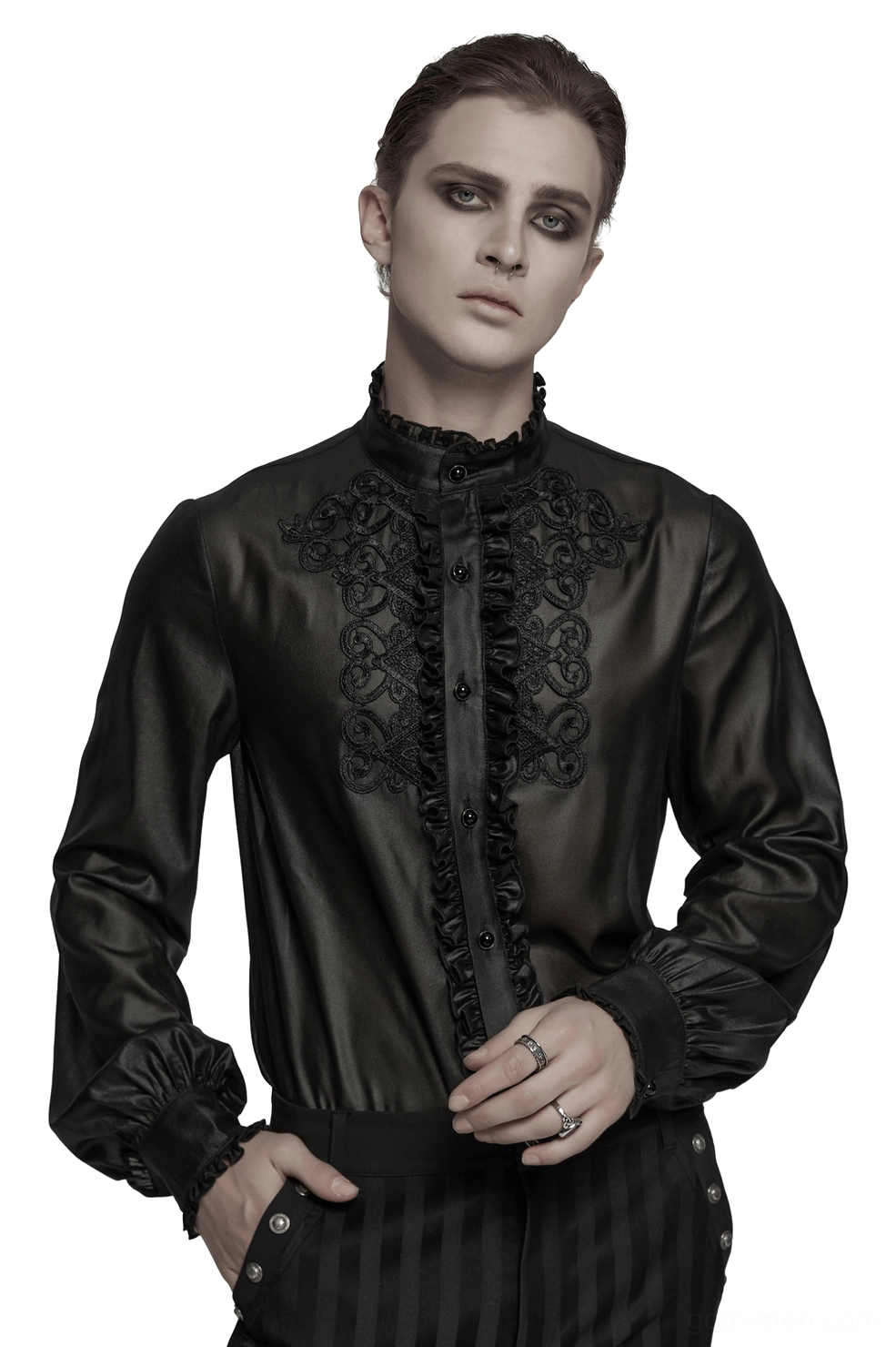 Men's black gothic chiffon shirt with ruffled stand collar and front lace embroidery placket, front view on model