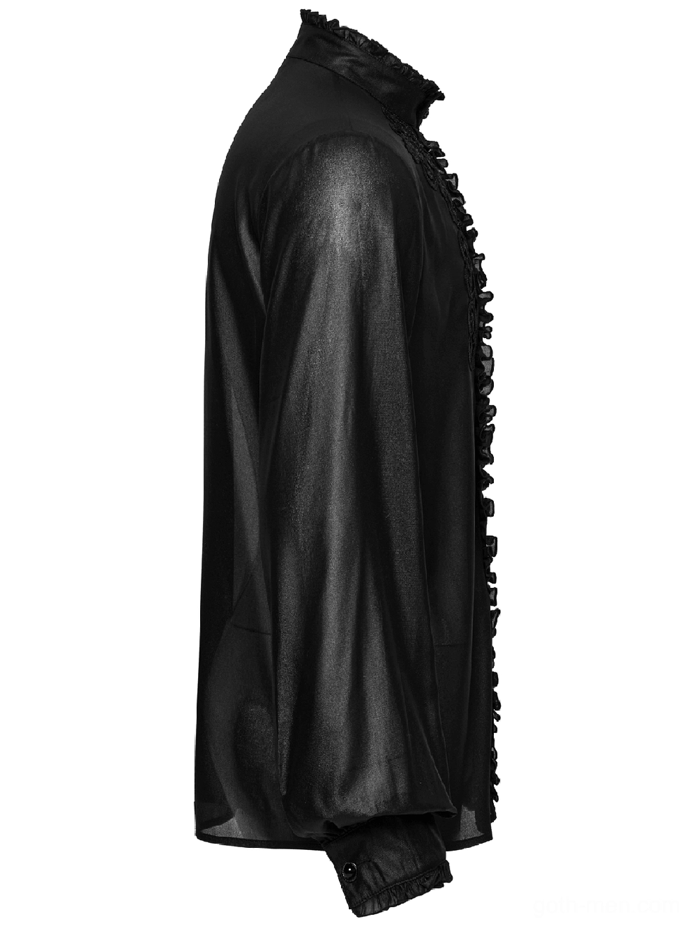 Men's gothic chiffon shirt side view flat lay showing ruffled placket trim and voluminous lantern sleeves