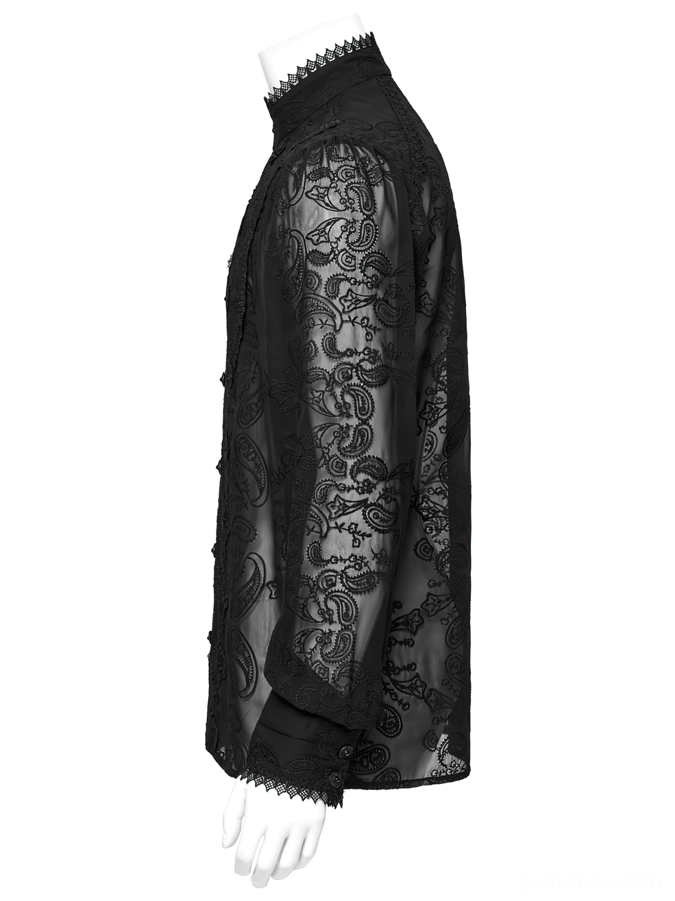 Left side view of black gothic chiffon shirt showing tailored long sleeves with embroidered panels and stand collar