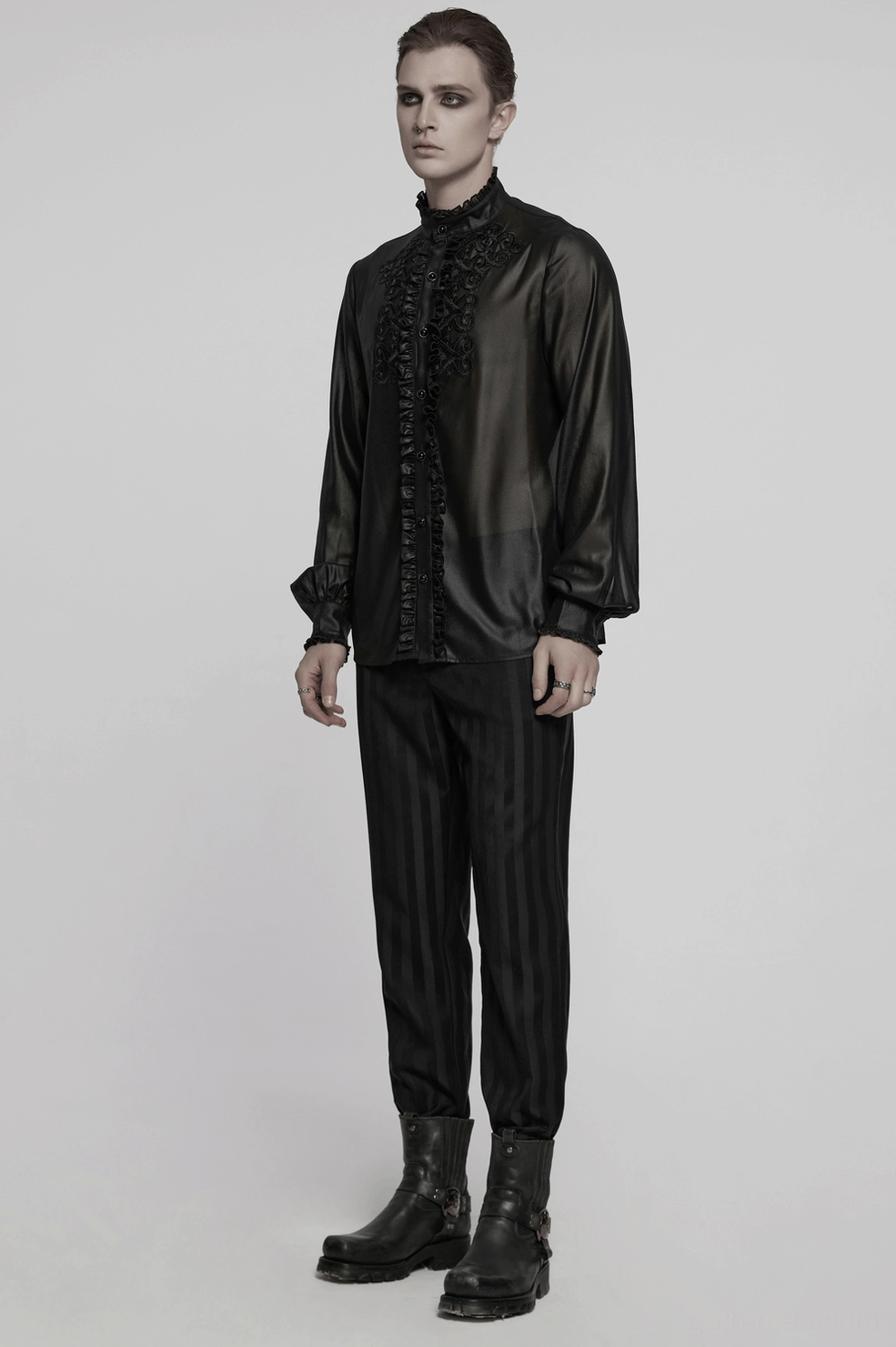 Gothic chiffon men's shirt studio shot highlighting sheer drape, ruffled details, and ornamental button elements