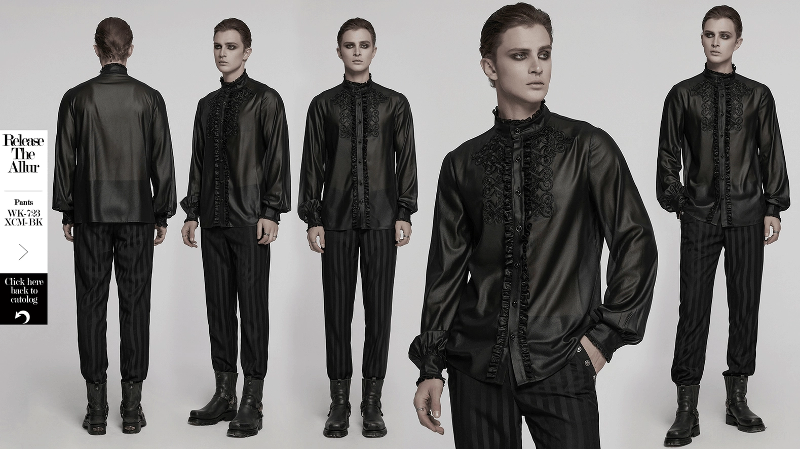 Men's gothic chiffon shirt featuring symmetrical lace placket embroidery and theatrical ruffled collar design