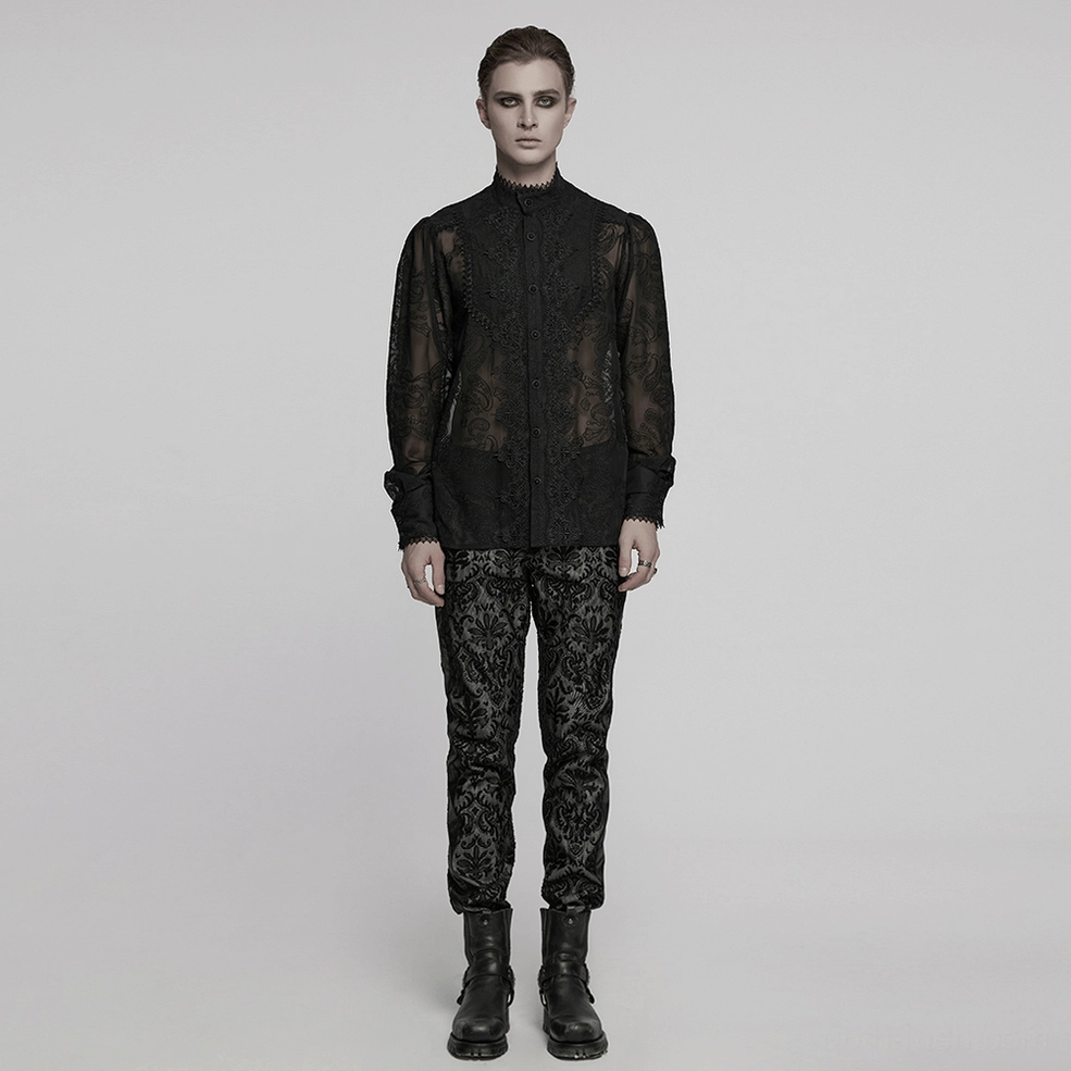Gothic black chiffon shirt featuring translucent fabric with full paisley embroidery and lace collar trim