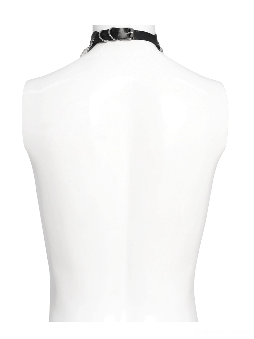 Back view of black PU leather gothic choker showing solid construction and silver buckle fastening