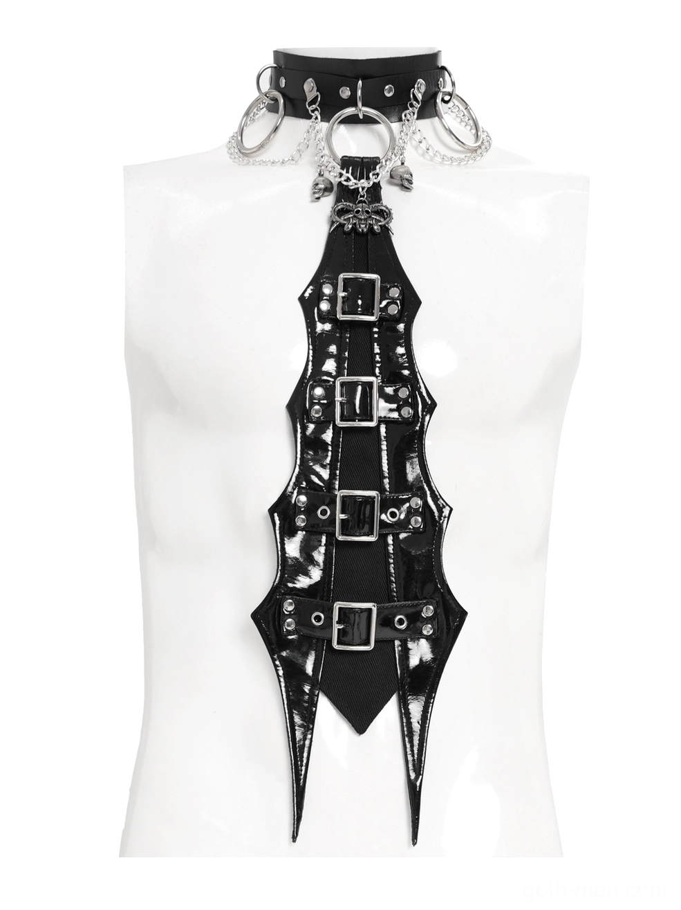 Close-up of gothic choker on mannequin showing bat-shaped PU pendant and silver O-ring hardware