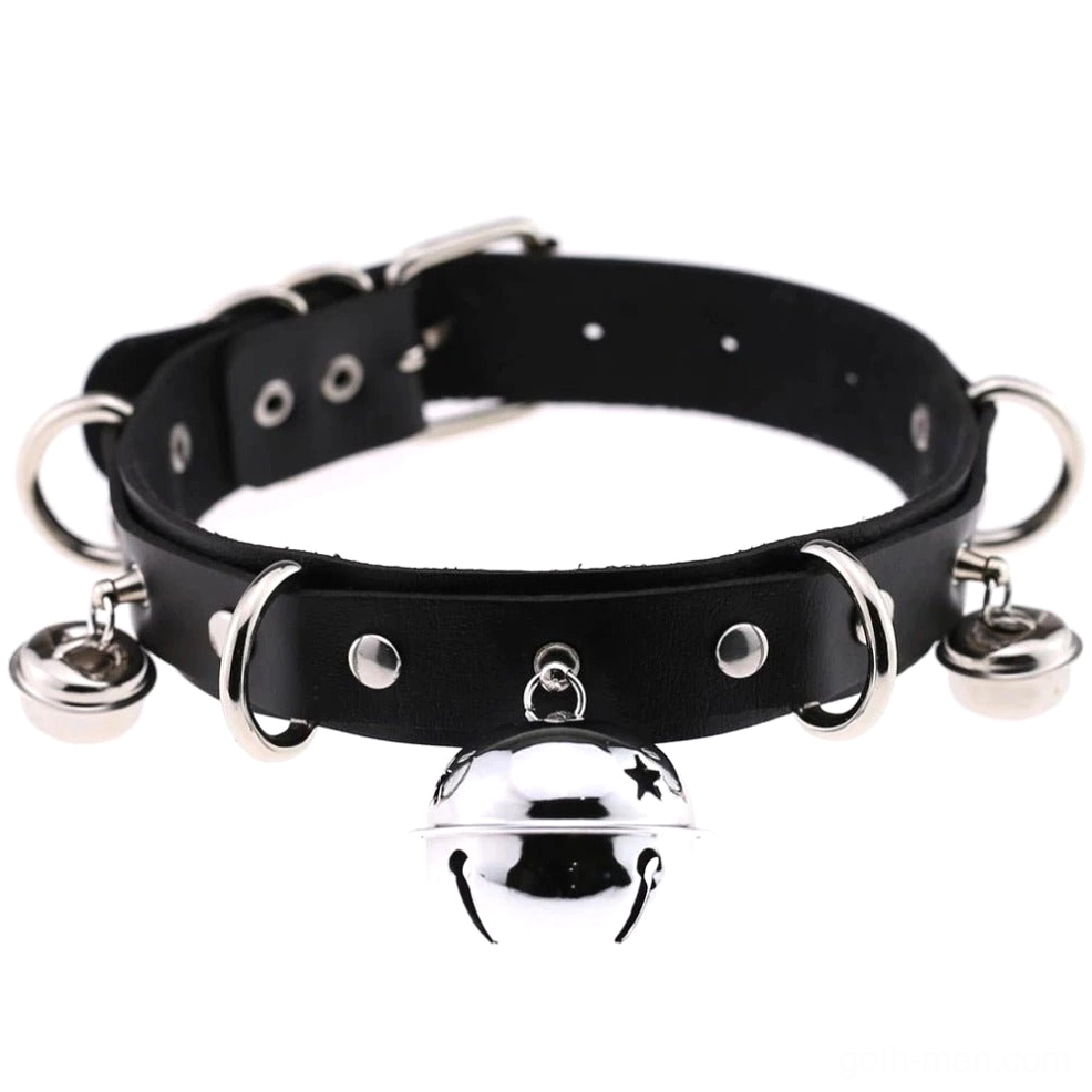 Black PU leather gothic choker with star-engraved bell pendant and metal hardware