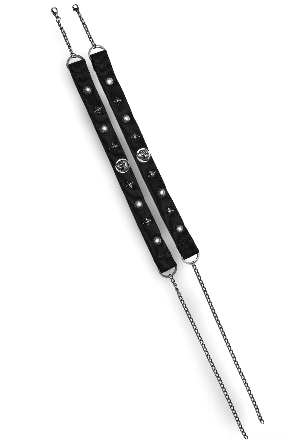 Gothic choker strap detail with chain extender attachment, showing silver studs and metal hardware on black webbing