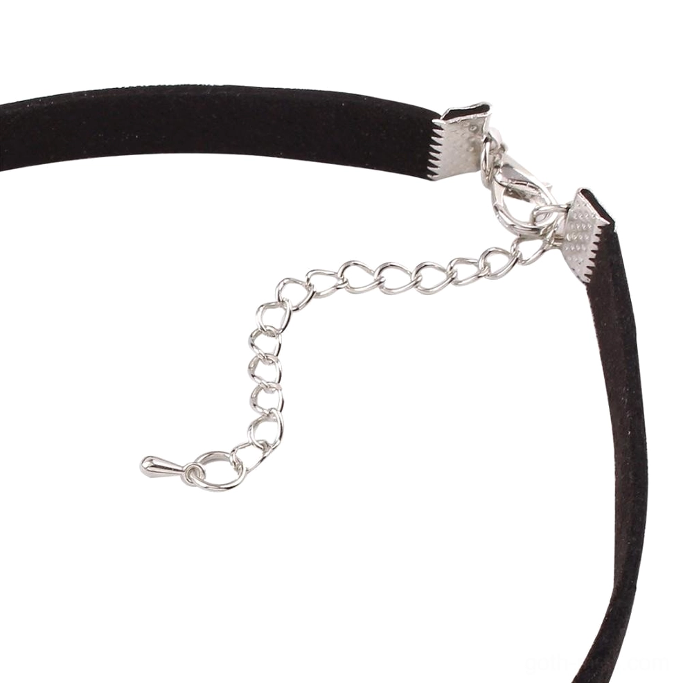 Black velvet choker clasp and adjustable silver chain extender - metal hardware and lobster closure detail