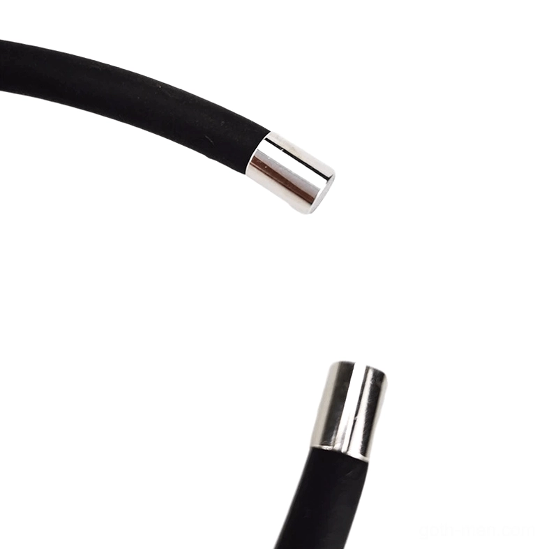 Extreme close-up of metal crimp end hardware on silicone rope, showing silver aluminum alloy clasp construction