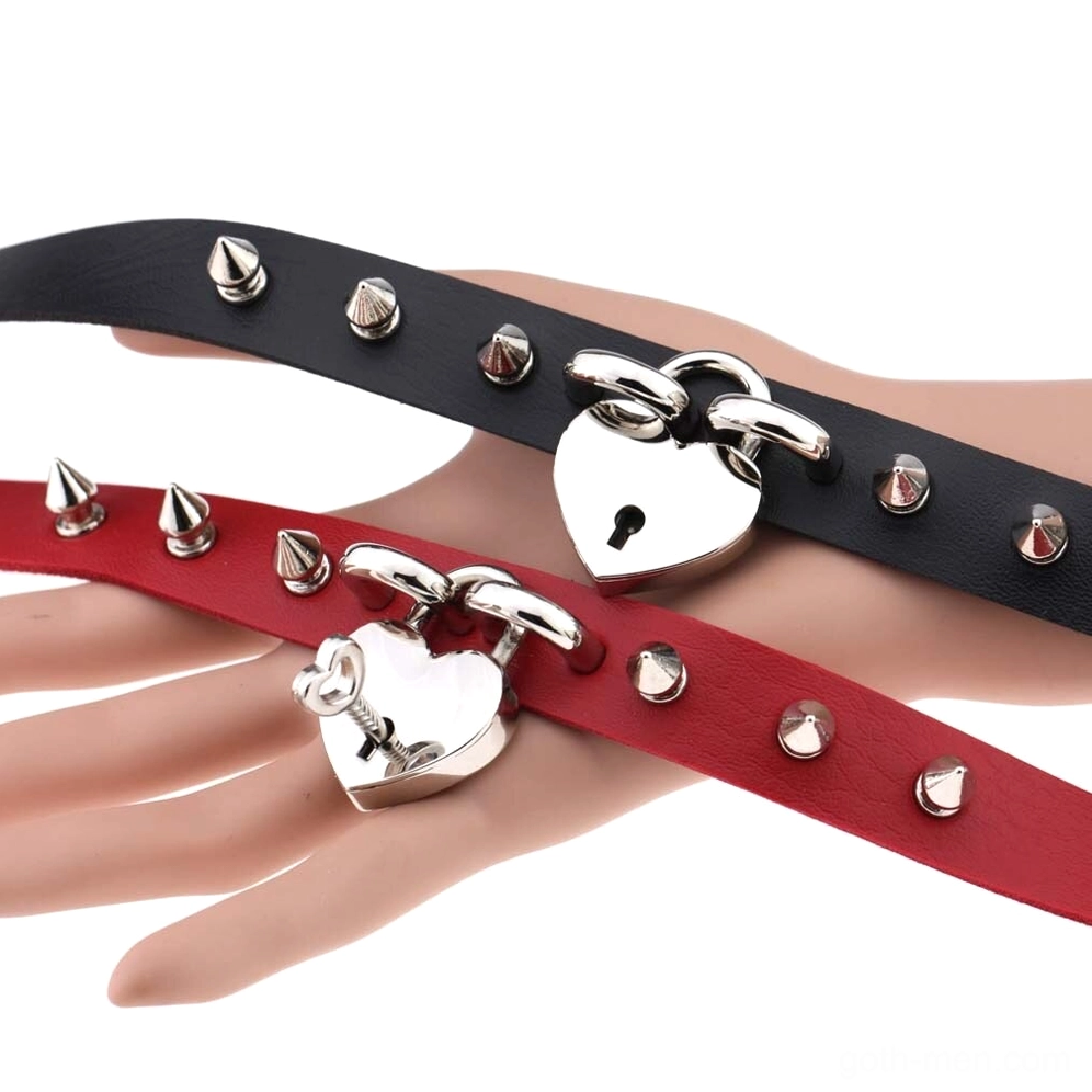 Gothic heart lock spike choker collection in multiple colors with matching silver lock keys and accessories