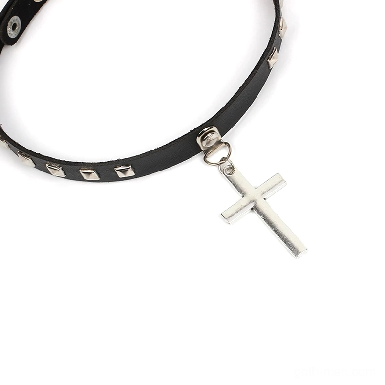 Adjustable black leather cross pendant choker - angled view showing hanging charm
