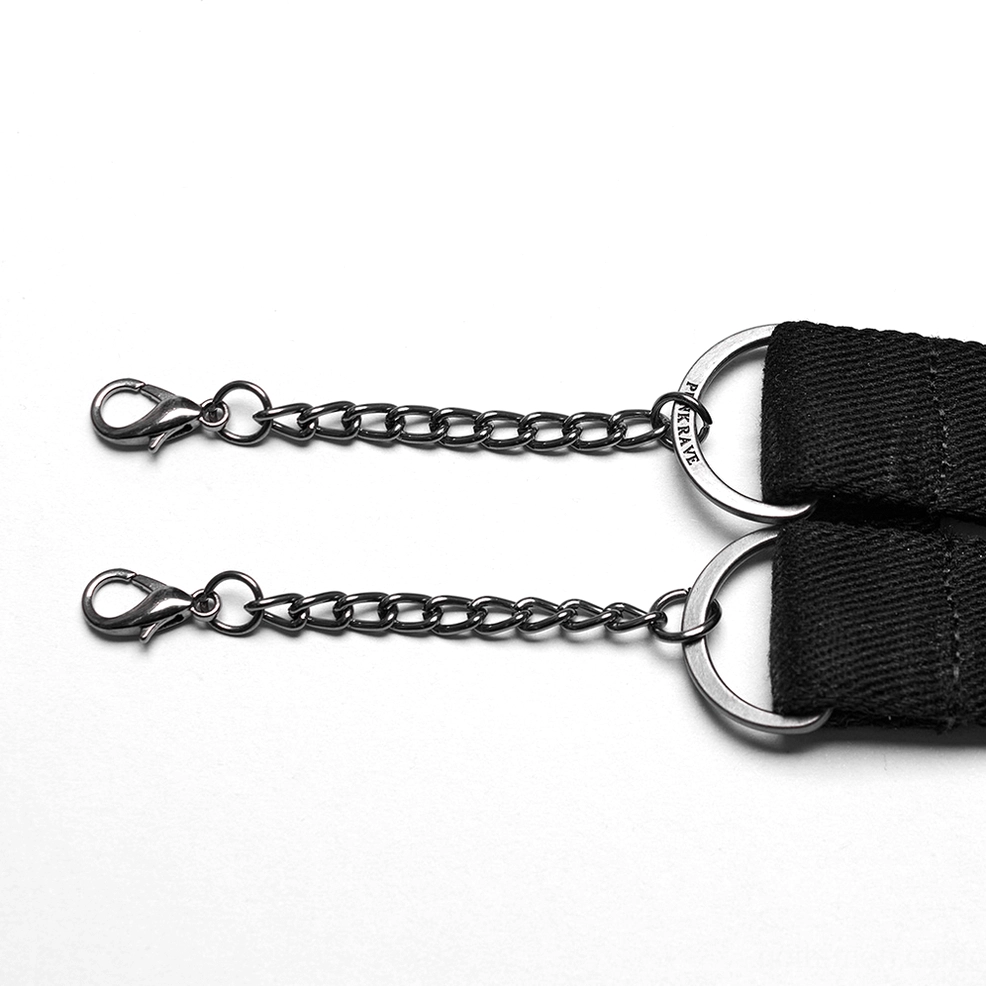 Choker connection hardware showing silver D-rings, lobster claw chain attachments, and black webbing tabs