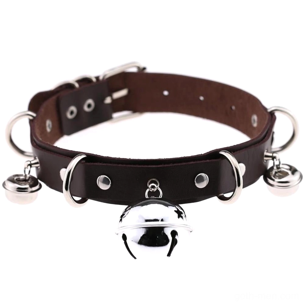 Dark brown PU leather gothic choker with metal fittings and large bell