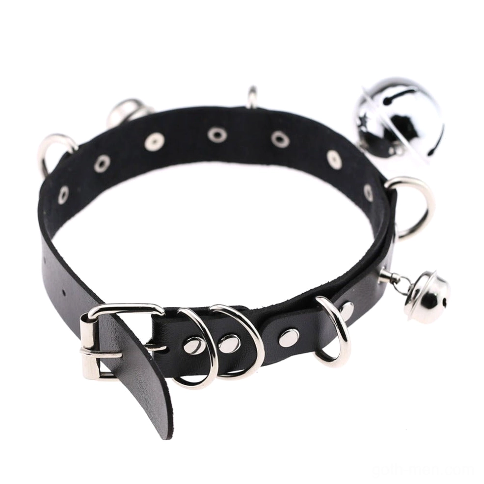 Gothic bell choker detail shot showing rivets, D-rings, and adjustable PU leather construction