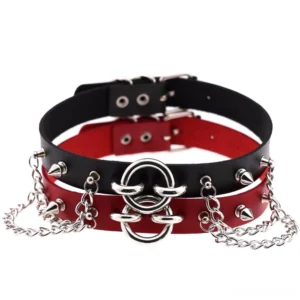 Dual-layer black and red gothic spiked chain choker with silver metal studs - flat overhead view