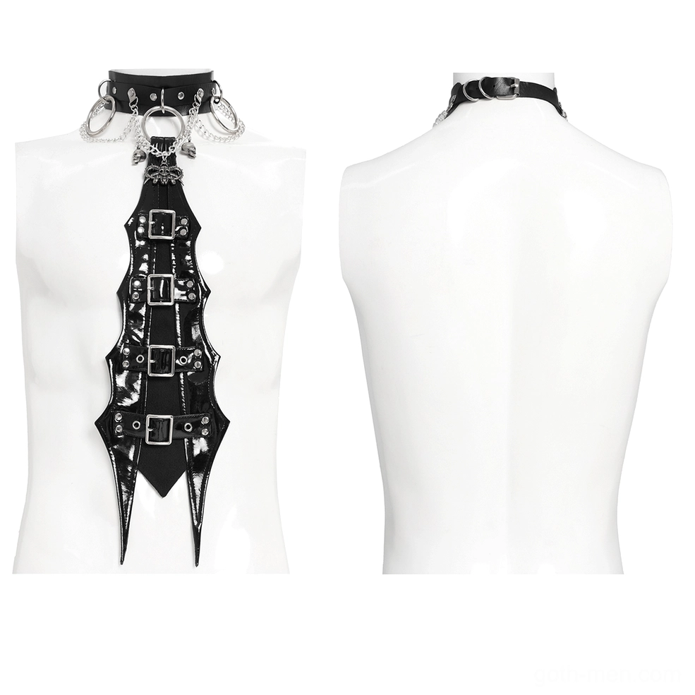 Black PU leather gothic choker front and back view on display mannequin showing bat pendant detail