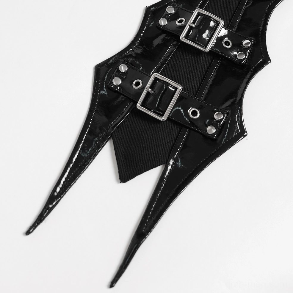 Black gothic PU choker with chains and buckle accents showing full product construction and assembly