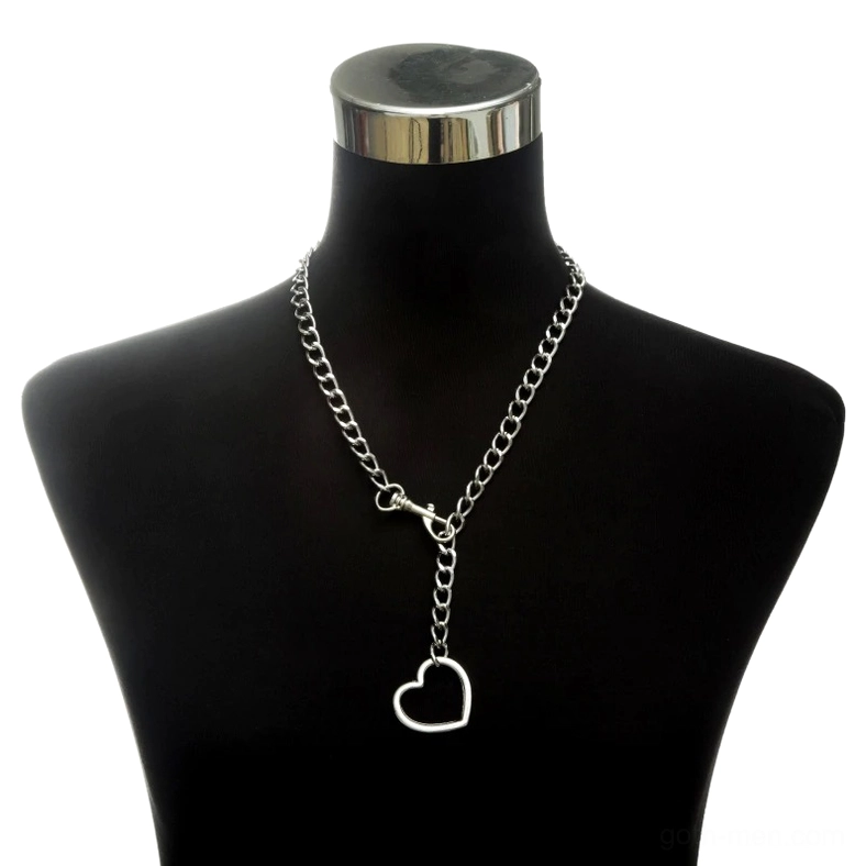 Y-style gothic choker necklace with hollow heart pendant, silver finish curb chain, three-quarter angle view