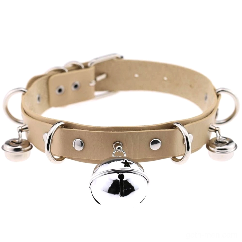 Adjustable gothic choker with rivet details and D-rings - khaki PU leather color