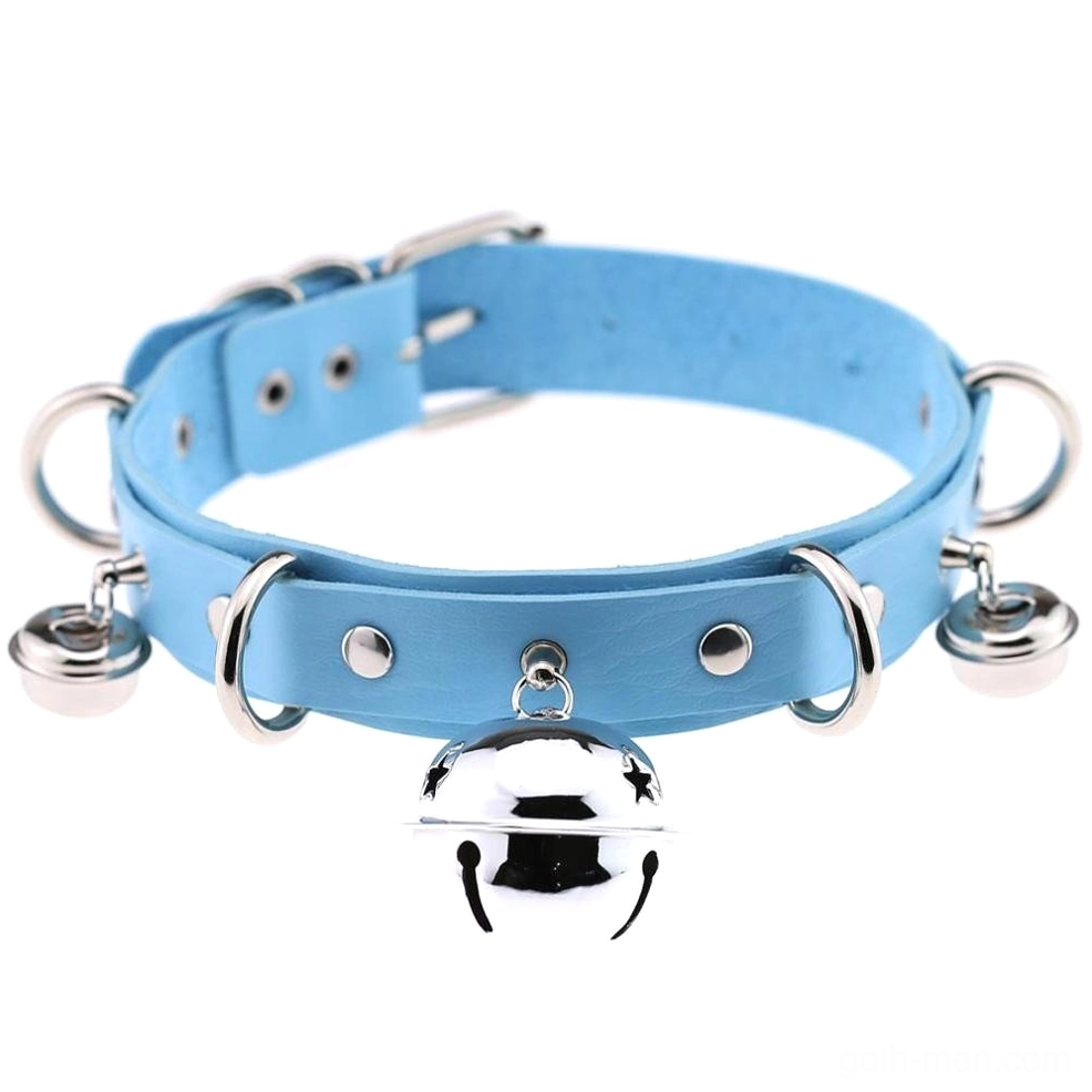 Light blue adjustable gothic choker with metal rivets and bell pendant