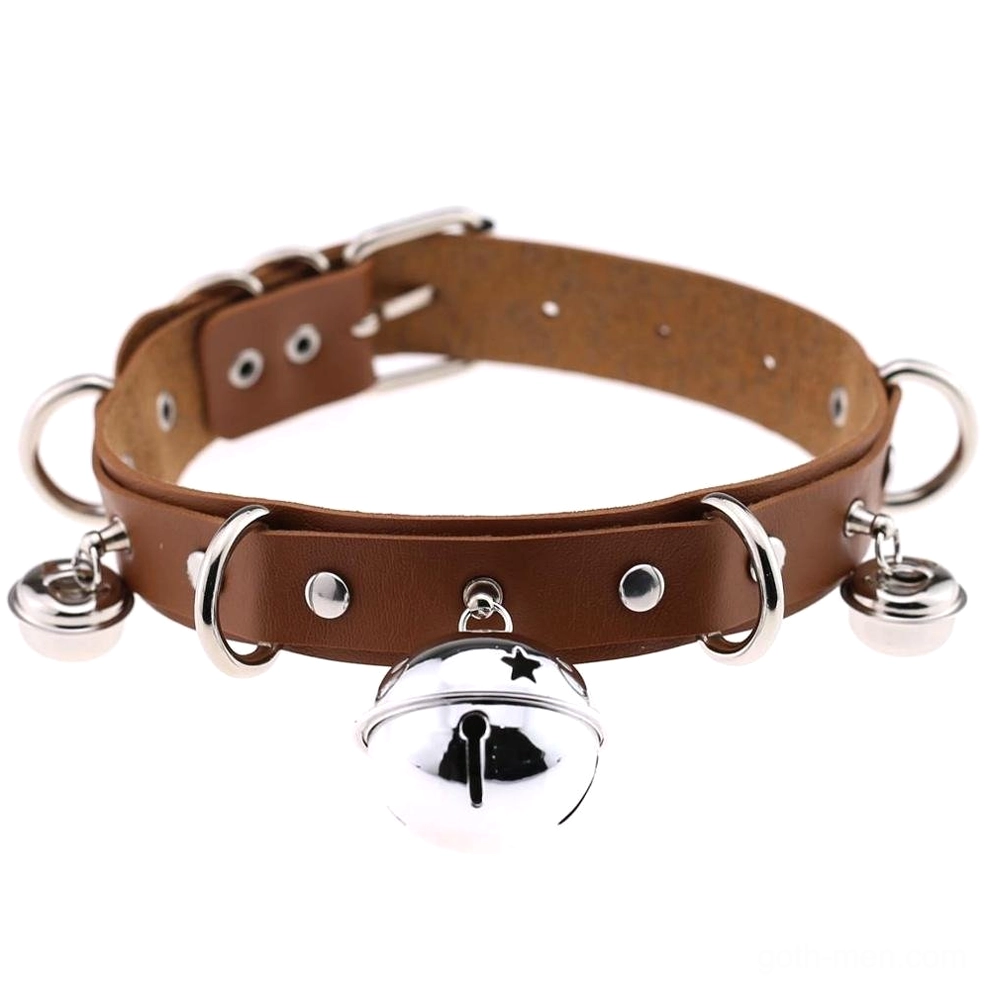 Light brown gothic choker with rivets and silver bell pendant - leather necklace