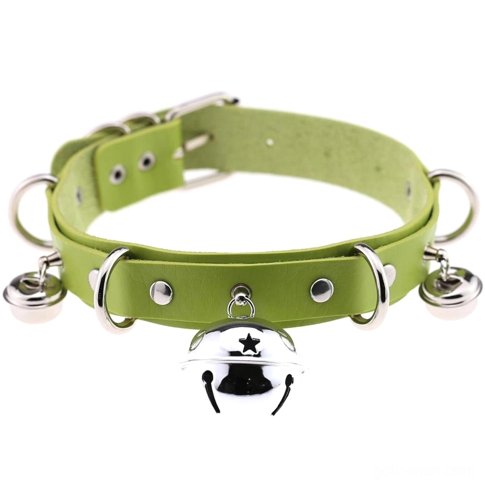 Lime green PU leather gothic choker with silver hardware and star bell pendant