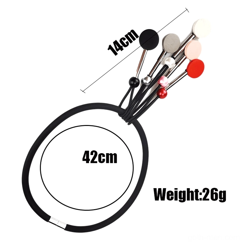 Top-down flat lay of multicolor beaded gothic choker showing 42cm circumference measurement, 26g weight, and complete bead pendant set arrangement