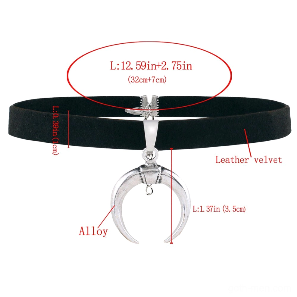 Black velvet crescent moon choker with dimension markers - gothic choker sizing and measurement reference