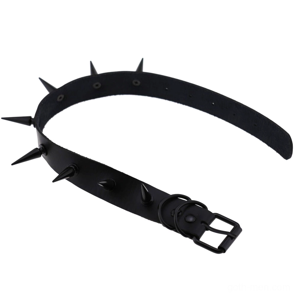 Multiple gothic choker variations displaying spike detail and leather quality