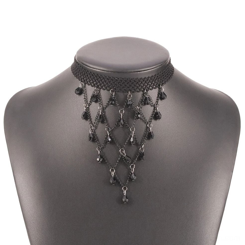 Black lace choker necklace displayed on gray mannequin neck, front close-up view showing dangling lattice bead decorations and adjustable extension chain