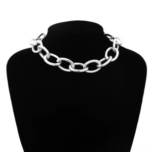 Silver gothic chain choker necklace with chunky oval link design displayed on black mannequin, front view on white background