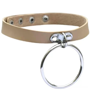 Beige PU leather gothic choker with silver padlock pendant, flat lay front view showing adjustable snap fasteners
