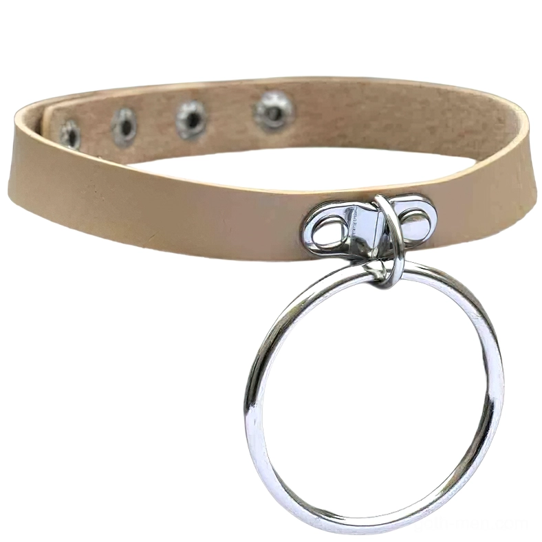 Beige PU leather gothic choker with silver padlock pendant, flat lay front view showing adjustable snap fasteners
