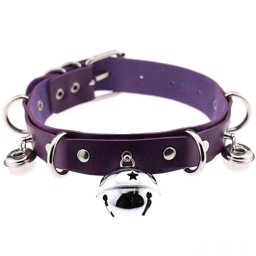 Purple gothic choker with star-engraved bell and rivet details - goth aesthetic
