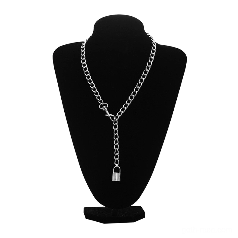 Gothic Y-lariat choker with rectangular padlock pendant, silver curb chain, front facing display on black jewelry stand