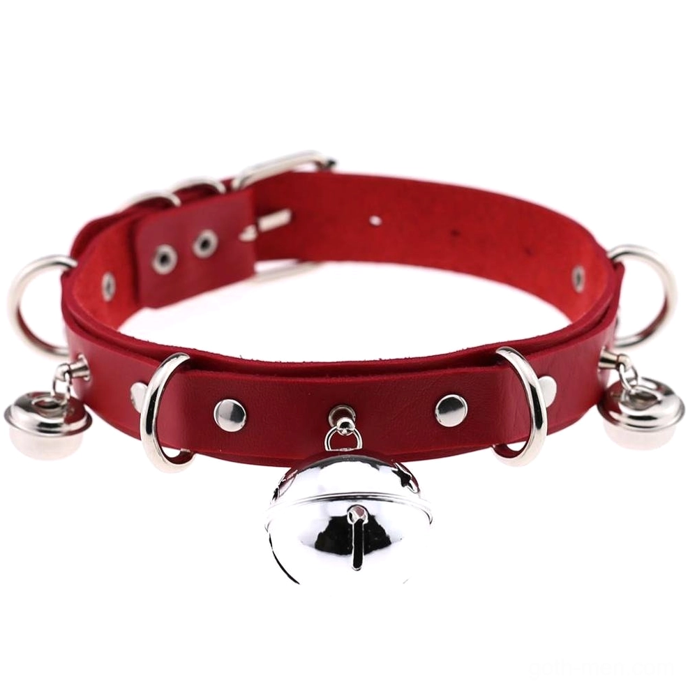 Red PU leather gothic choker with metal rivets and silver bell pendant