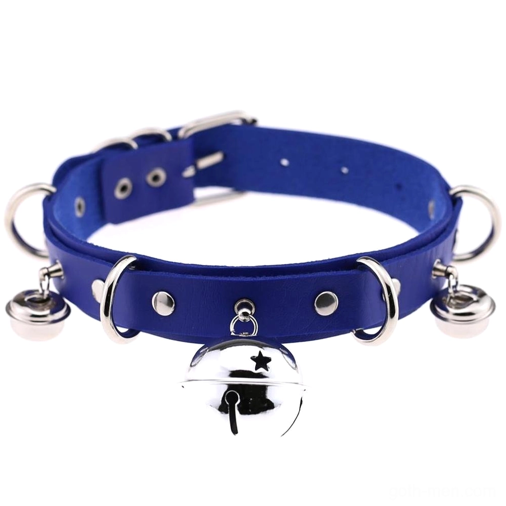Royal blue gothic choker with adjustable strap and star bell pendant - front view