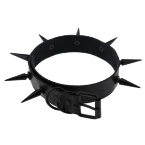 Gothic spiked choker with D-ring hardware and black metal spikes, side angle detail