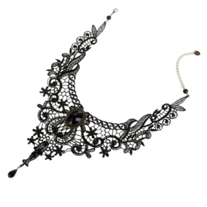 Black lace choker necklace side view showing adjustable rope chain extension and rear necklace construction